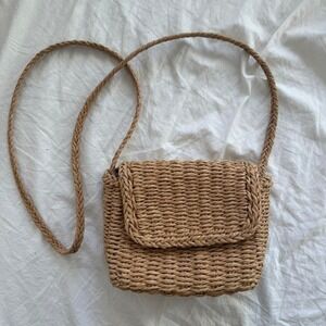 Tan Woven Straw Crossbody Bag